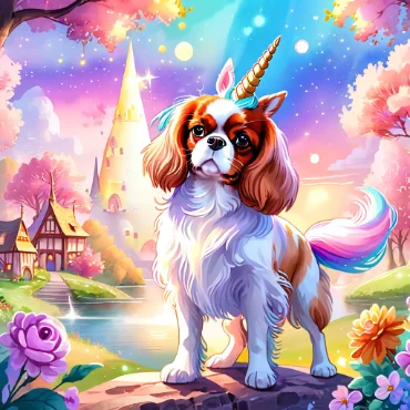 Cavalier King Charles Spaniel with a unicorn horn in a vibrant fantasy landscape.