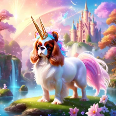 Cavalier King Charles Spaniel with unicorn horns in a magical landscape.