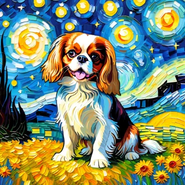 A colorful Cavalier King Charles Spaniel in a starry night scene, surrounded by flowers.