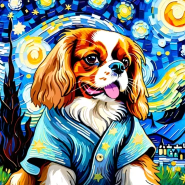 Cavalier King Charles Spaniel in a blue shirt, set against a starry night background.