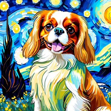 Cavalier King Charles Spaniel in a colorful, swirled background, inspired by Van Gogh.