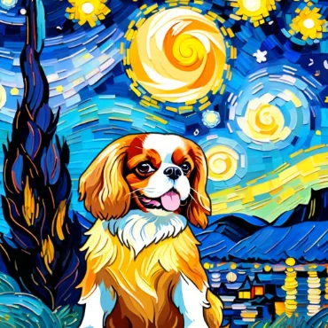 Cavalier King Charles Spaniel in a starry night background, inspired by Van Gogh.