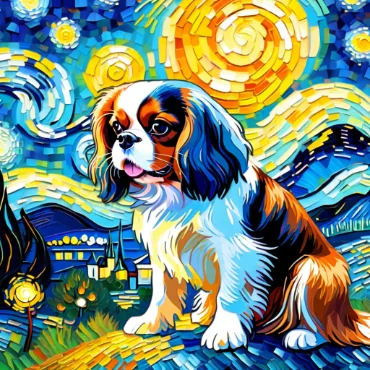 Cavalier King Charles Spaniel in a starry night landscape, inspired by Van Gogh.