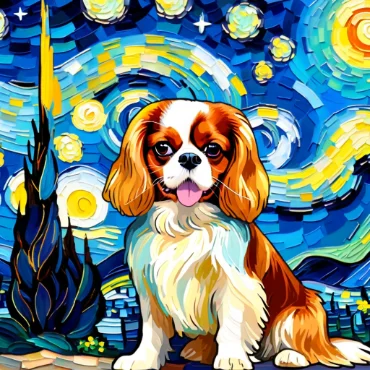 Cavalier King Charles Spaniel in a starry night setting, smiling with a colorful background.