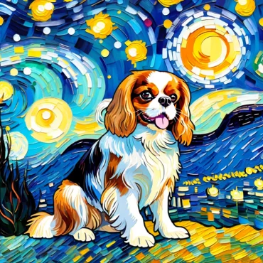 Cavalier King Charles Spaniel sitting against a starry night background.