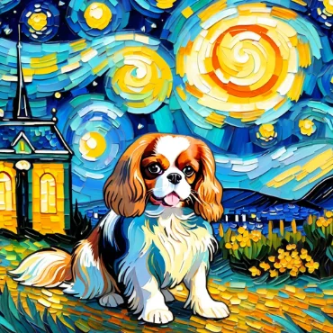 Cavalier King Charles Spaniel sitting in a starry night landscape, inspired by Van Gogh.