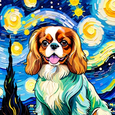 Cavalier King Charles Spaniel styled after Van Gogh's Starry Night, with vibrant colors and swirling skies.