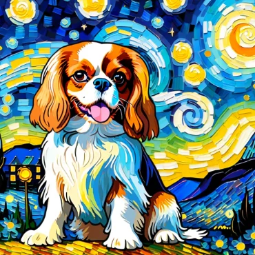 Colorful painting of a Cavalier King Charles Spaniel against a starry night sky.