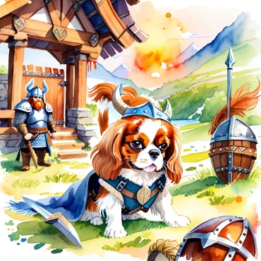 A Cavalier King Charles Spaniel dressed as a knight in a whimsical castle scene.