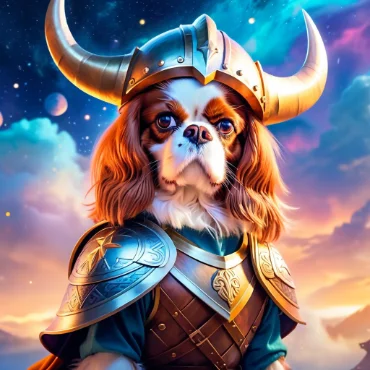 A Cavalier King Charles Spaniel dressed as a warrior, wearing a horned helmet and armor.