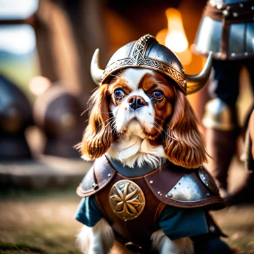 Cavalier King Charles Spaniel dressed as a knight, wearing armor and a helmet.