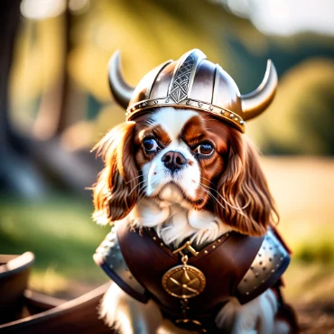 Cavalier King Charles Spaniel dressed as a Viking with a helmet and armor.