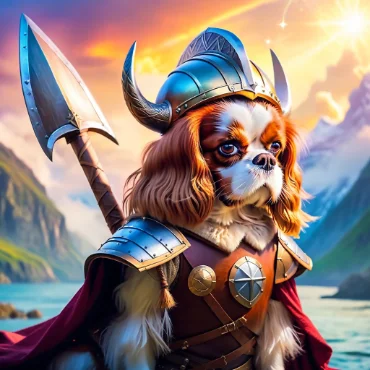 Cavalier King Charles Spaniel dressed as a warrior in a scenic landscape.