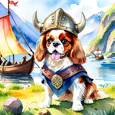 Cavalier King Charles Spaniel in a Viking costume by a lake with boats.