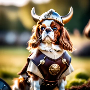 Cavalier King Charles Spaniel in a Viking helmet and armor, looking majestic and determined.