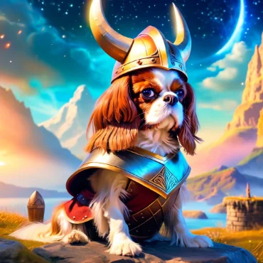 Cavalier King Charles Spaniel in a Viking helmet and armor, set against a scenic landscape.