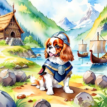 Cavalier King Charles Spaniel in armor by a scenic river with boats and mountains.