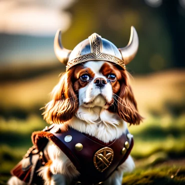 Cavalier King Charles Spaniel wearing a Viking helmet and armor in a scenic setting.