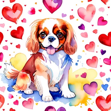 Cavalier King Charles Spaniel sitting with colorful hearts in the background.