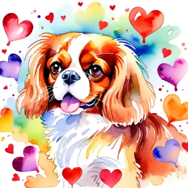 Cavalier King Charles Spaniel surrounded by colorful hearts.