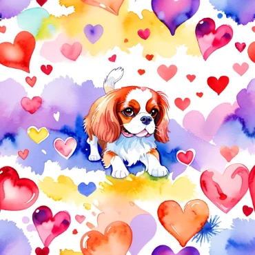 Cavalier King Charles Spaniel surrounded by colorful hearts in a vibrant watercolor style.