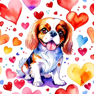 Cavalier King Charles Spaniel surrounded by colorful hearts in a watercolor style.