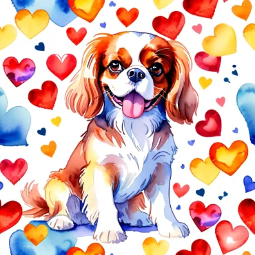 Cavalier King Charles Spaniel surrounded by colorful hearts, smiling happily.