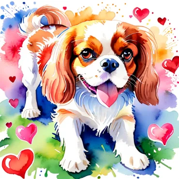 Cavalier King Charles Spaniel with a joyful expression surrounded by colorful hearts.