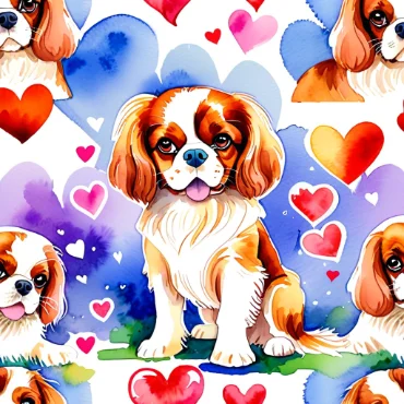 Colorful illustration of Cavalier King Charles Spaniels surrounded by hearts.