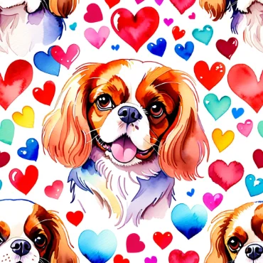 Colorful pattern featuring Cavalier King Charles Spaniels and hearts.