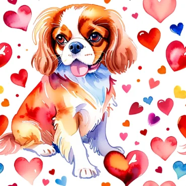 Cute Cavalier King Charles Spaniel surrounded by colorful hearts in a playful design.