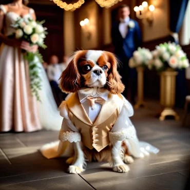 A Cavalier King Charles Spaniel dressed in a formal outfit, sitting at a wedding.