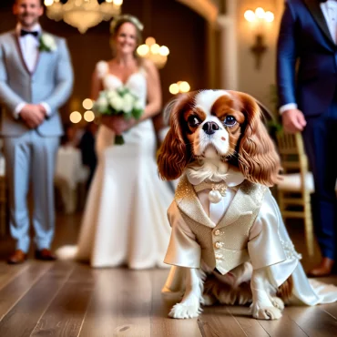 Cavalier King Charles Spaniel dressed as a groom at a wedding ceremony.