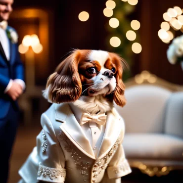 Cavalier King Charles Spaniel dressed as a groom in a wedding ceremony.