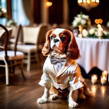 Cavalier King Charles Spaniel dressed in a tuxedo, standing elegantly in a decorated venue.