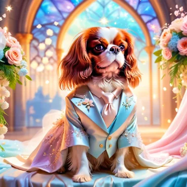 Cavalier King Charles Spaniel in a fancy suit, surrounded by flowers in a grand setting.