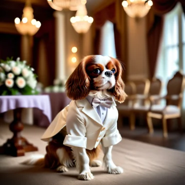 Cavalier King Charles Spaniel in a tuxedo at an elegant event.