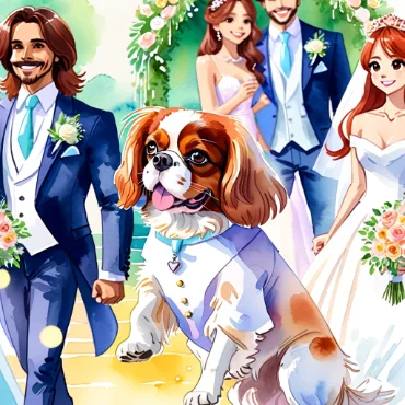 Cavalier King Charles Spaniel wearing a suit at a wedding celebration.