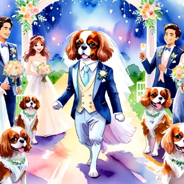 Cavalier King Charles Spaniels at a wedding, with a dog in formal attire leading the procession.