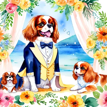 Three Cavalier King Charles Spaniels in formal attire surrounded by flowers.