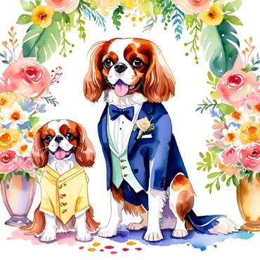 Two Cavalier King Charles Spaniels in elegant outfits surrounded by flowers.