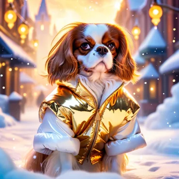 Cavalier King Charles Spaniel in a golden vest, sitting in a snowy street lit by lanterns.