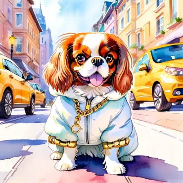 Cavalier King Charles Spaniel in a sporty outfit, walking in a colorful city street.