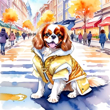 Cavalier King Charles Spaniel in a stylish coat on a bustling city street.