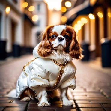 Cavalier King Charles Spaniel in a stylish coat, sitting in a city street.