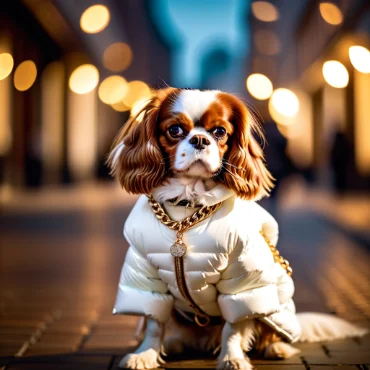 Cavalier King Charles Spaniel in a stylish white coat, sitting outdoors.