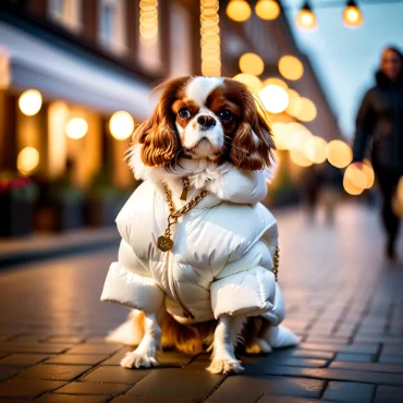 Cavalier King Charles Spaniel in a stylish white coat, standing on a city street at dusk.