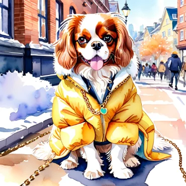 Cavalier King Charles Spaniel in a yellow coat sitting on a snowy street.