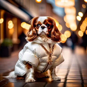 Cavalier King Charles Spaniel in stylish white puffer jacket and gold chain, standing on a city street.