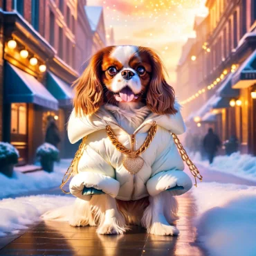 Stylish Cavalier King Charles Spaniel in a cozy jacket on a snowy street.